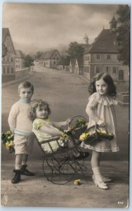 c1910s Cute German Children Play Cart RPPC Hand Colored PFB Real Photo PC A136