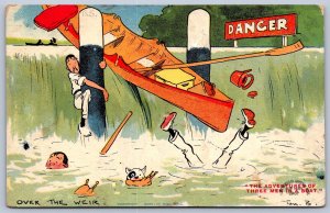K34/ Interesting Postcard c1910 Tom Browne Signed Canoe Wreck Dam Dog 98
