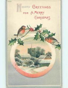 Pre-Linen christmas BIRDS ON OLIVE BRANCH & BUILDINGS IN WINTER HQ7234