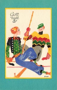 Birger, Axel Eliassons, New Year Greeting, Art Deco, Couple Skiing