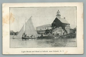 PULASKI NY SELKIRK BEACH LIGHT HOUSE & HOTEL ANTIQUE ADVERTISING POSTCARD