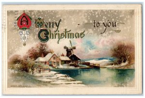 1910 Christmas House Windmill Winter Scene John Winsch Artist Signed Postcard