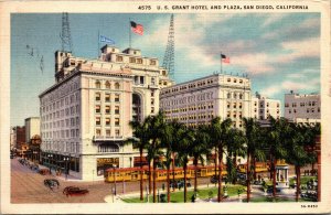 Vtg 1930's U.S. Grant Hotel and Plaza San Diego California CA Linen Postcard