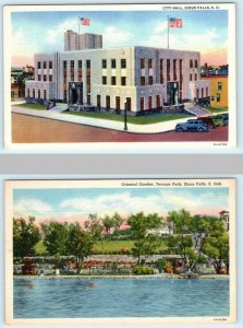 2 Postcards SIOUX FALLS, South Dakota SD ~ CITY HALL & TERRACE PARK Garden 1940s