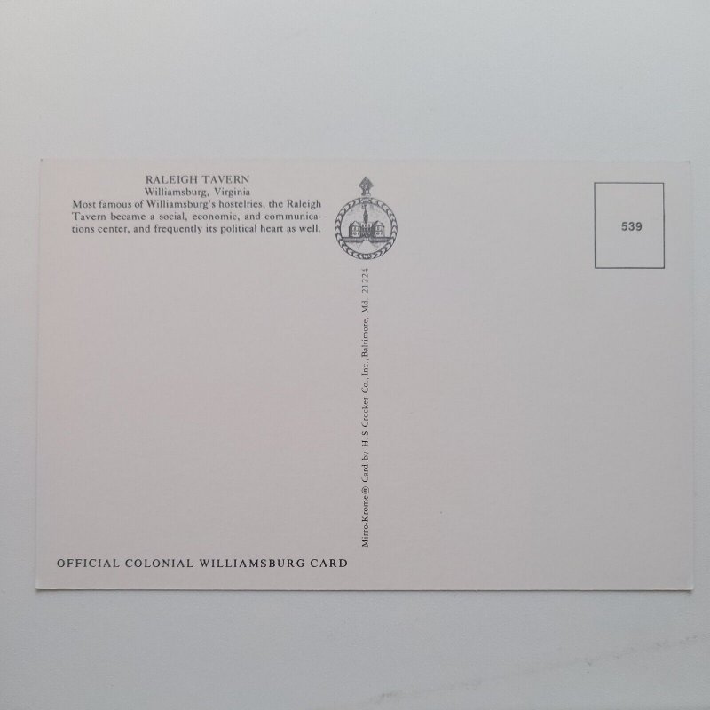 Raleigh Tavern Colonial Exterior Williamsburg VA Postcard