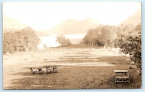 RPPC MT. DESERT, Maine ME ~ JORDAN POND Rocking Chairs ~ Hancock County Postcard