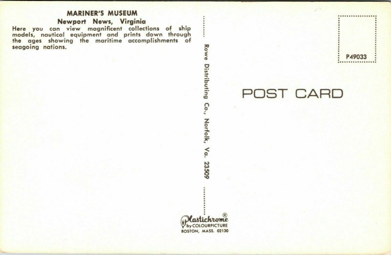 Mariners Museum Newport News Virginia Rowe Plastichrome Vintage Postcard UNP Vtg 