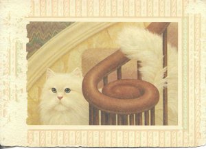White cat on the stairs Modern Canada, artist drawn, greeting card 13 x 17 cm
