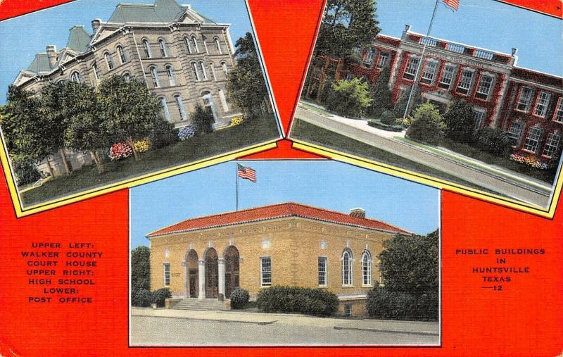 Huntsville Texas~Court House~High School~Post Office~Gold & Orange 1940s Linen