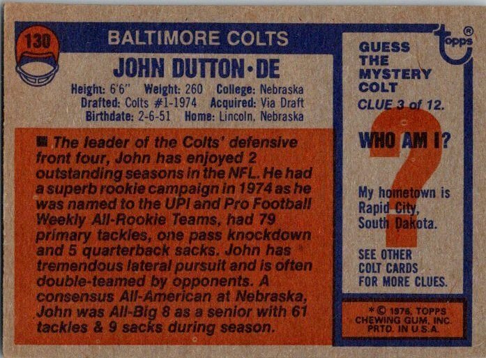 1976 Topps Football Card John Dutton Baltimore Colts sk4314