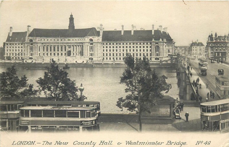 London England Postcard The New County Hall and Westminster Bridge tramways