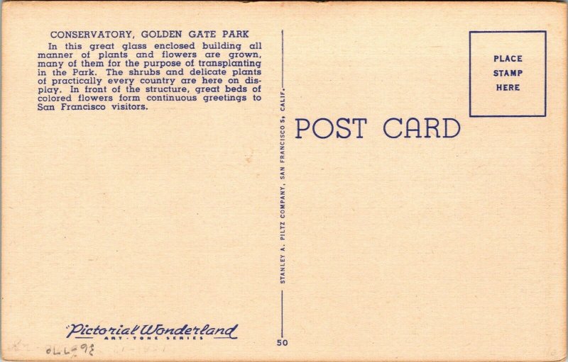 Vtg Conservatory Golden Gate Park San Francisco California CA Postcard