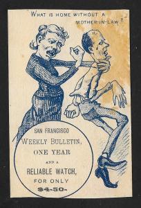 VICTORIAN TRADE CARD San Francisco Weekly Bulletin Humor