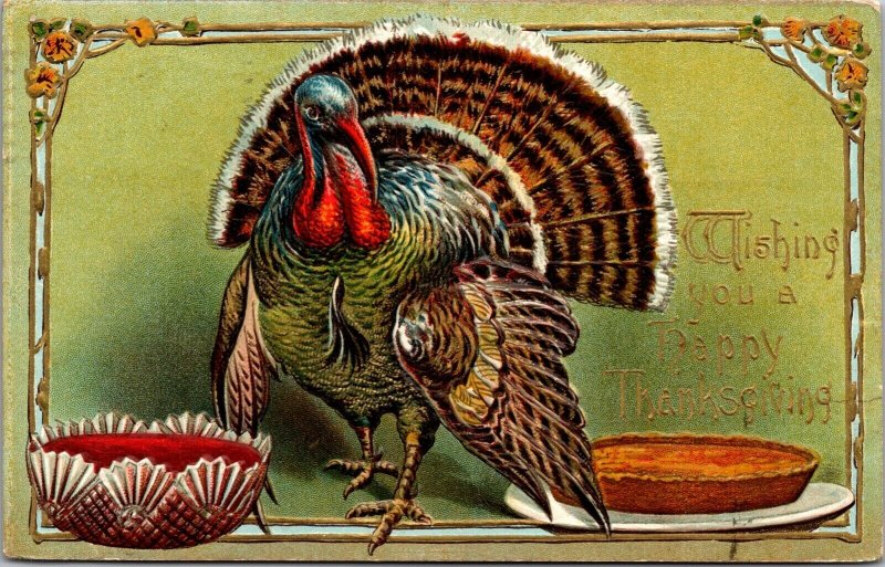 Thanksgiving Postcard Turkey with Pudding and Pie~2439