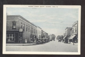 ALGOMA WISCONSIN DOWNTOWN FOURTH STREET SCENE OLD CARS VINTAGE POSTCARD