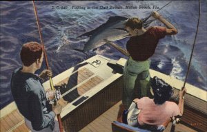 Miami Beach Florida FL Fishing Boat 1930s-50s Linen Postcard