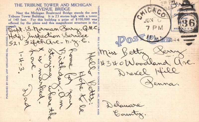 Vintage Postcard 1944 The Tribune Tower And Michigan Avenue Bridge Chicago IL 