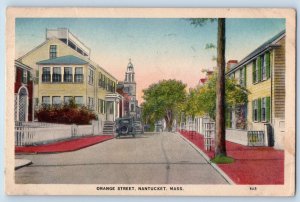 Nantucket Massachusetts MA Postcard Orange Street Buildings Classic Cars 1937