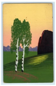 c1910 Tranquil Hand Painted Art Aspen Trees Rock Antique European Postcard