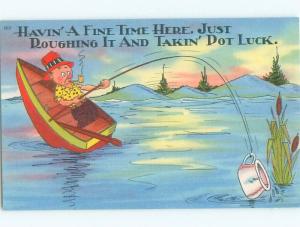 Unused Linen comic fishing FISHERMAN BOOKS GARBAGE IN THE WATER k3311