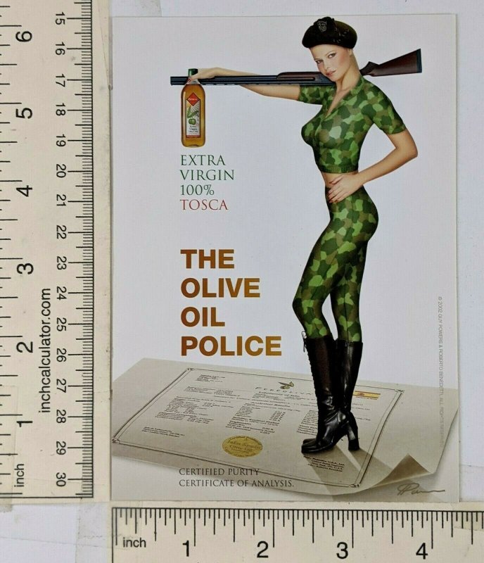 2002 Tosca Extra Virgin Olive Oil Advertising Postcard Guy Powers Sexy Woman Gun