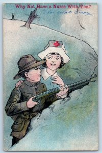 c1910's Soldier Why Not Have A Nurse With You Oconto Nebraska NE WWI Postcard