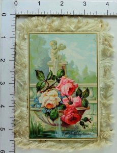 Embossed Victorian Christmas Trade Card Cherub Water Fountain Urn Roses *C