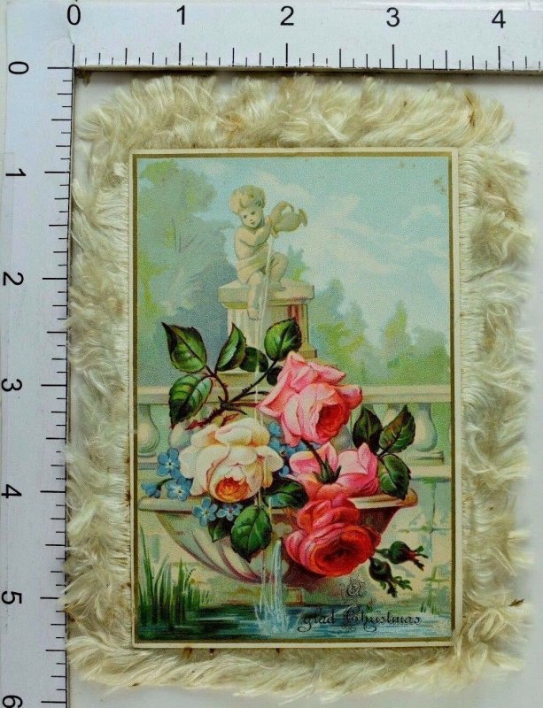 Embossed Victorian Christmas Trade Card Cherub Water Fountain Urn Roses *C 