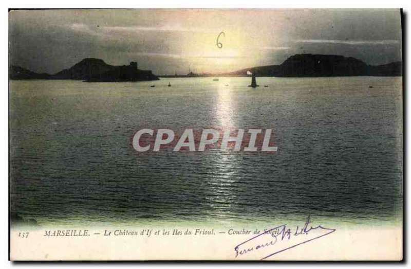 Old Postcard Marseille on Chateau d'If and Ies Friuli Sunset