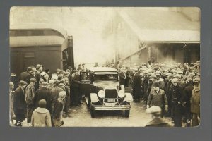 Camp Douglas WISCONSIN RPPC 1931 DEPOT Train Station HEARSE C.M. LAMSON Crowd