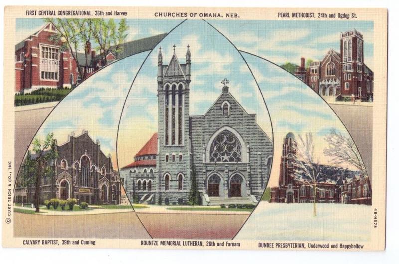 Churches of Omaha NE 1944 Curteich Linen Postcard