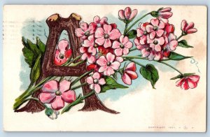 1908 Large Letter A And Pink Flowers Embossed Carroll Iowa IA Antique Postcard