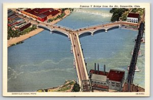 Zanesville Ohio~Famous Y Bridge Aerial View~Factory Bldg~1942 Linen Postcard