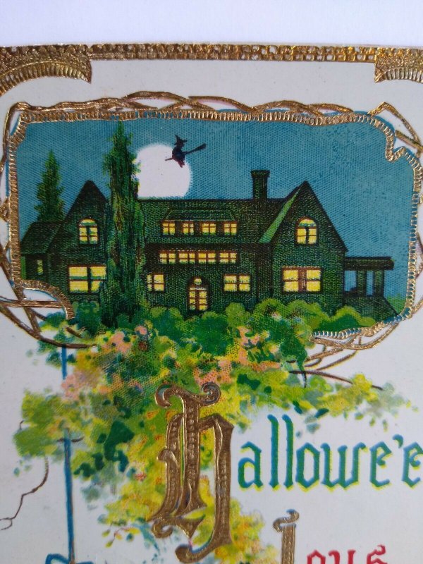 Halloween Postcard Carrot Face Anthropomorphic Witch Haunted House 1914 Lowell 