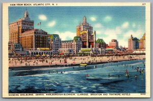 Postcard Atlantic City NJ c1940s View from Beach Row of Hotels Bathers Linen