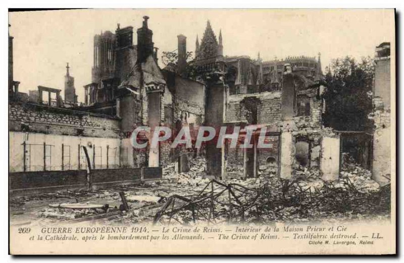 Postcard Old Army War Europeenne 1914 Reims Interior of Crime of the House Pr...
