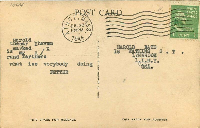 Athol Massachusetts Automobiles US Post Office 1944 Postcard Wells 21-2425