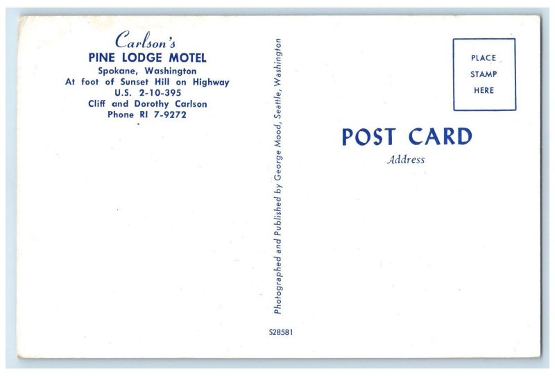 c1960s Carlson Pine Lodge Motel Exterior Spokane Washington WA Unposted Postcard