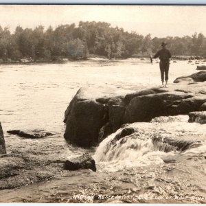 c1900s Big Eddy Falls, Wolf River, WI RPPC Indian Reservation Man Fish Photo A98