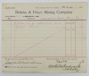 Helena & Frisco Mining Company 1896 Billhead A.M. Holten Hardware Co Montana