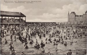 Bathing at Manhattan Beach NY New York showing Oriental Hotel Postcard H59