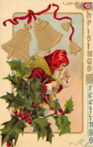 Holiday  CHRISTMAS GREETINGS Gold Bells~SANTA CLAUS~Holly Berries  1911 Postcard