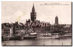 Old Postcard Dunkirk Quai Dutch town of Belfry Hotel Boat