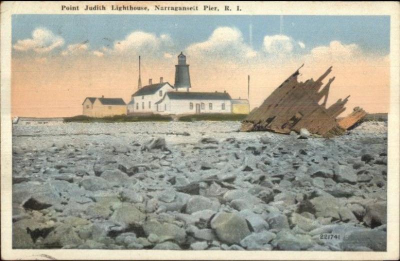 Narragansett Pier RI Point Judith Lighthouse & Wreck Remains c1920 Postcard