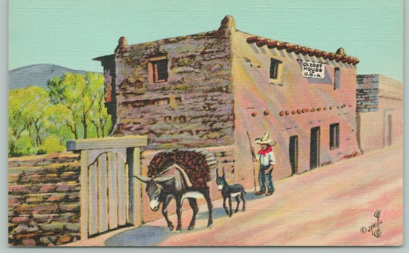 Santa Fe New Mexico~US Oldest House~1940s Linen Postcard