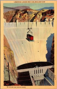 Vtg Arizona Nevada NV Lowering Loaded Box Car Boulder Dam 1930s Linen Postcard