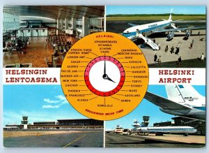 Finland Postcard Helsinki Airport Clock Cities Multiview c1950's Vintage
