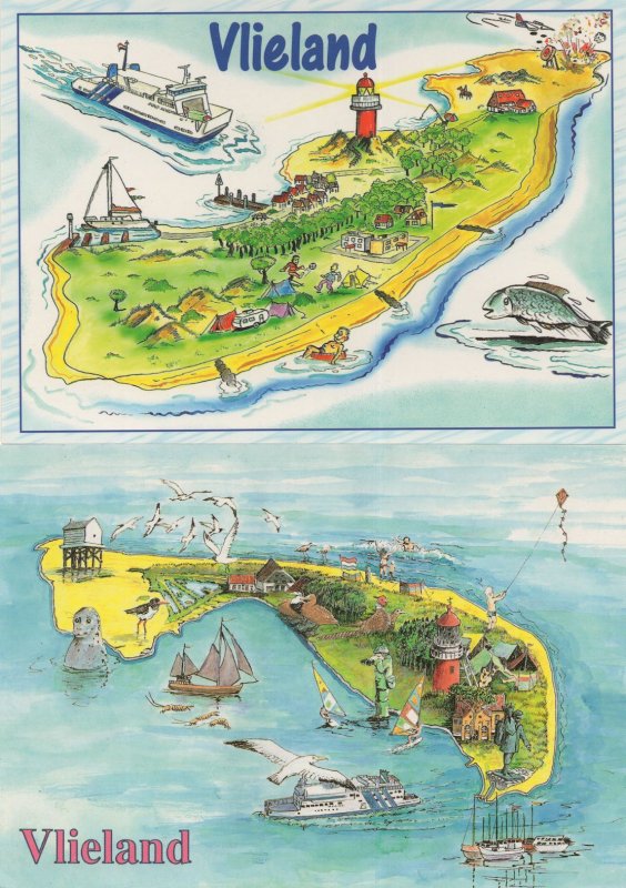 Vlieland Holland Fish Boat 2x Map Postcard s