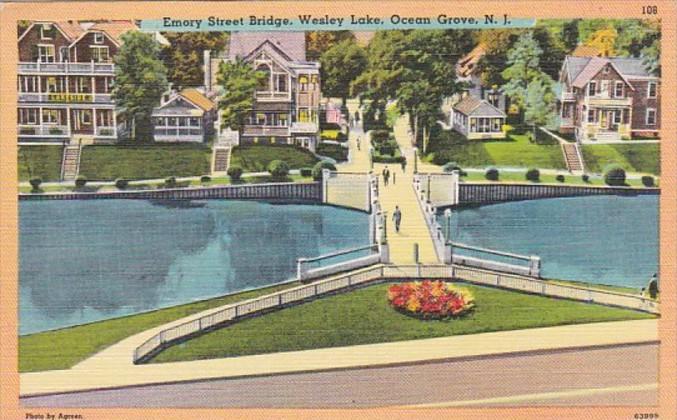 New Jersey Ocean Grove Emory Street Bridge Wesley Lake 1950