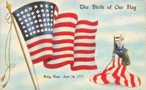 Stars Stripes Flag Birth Betsy Ross Patriotic Necktie advertising linen postcard